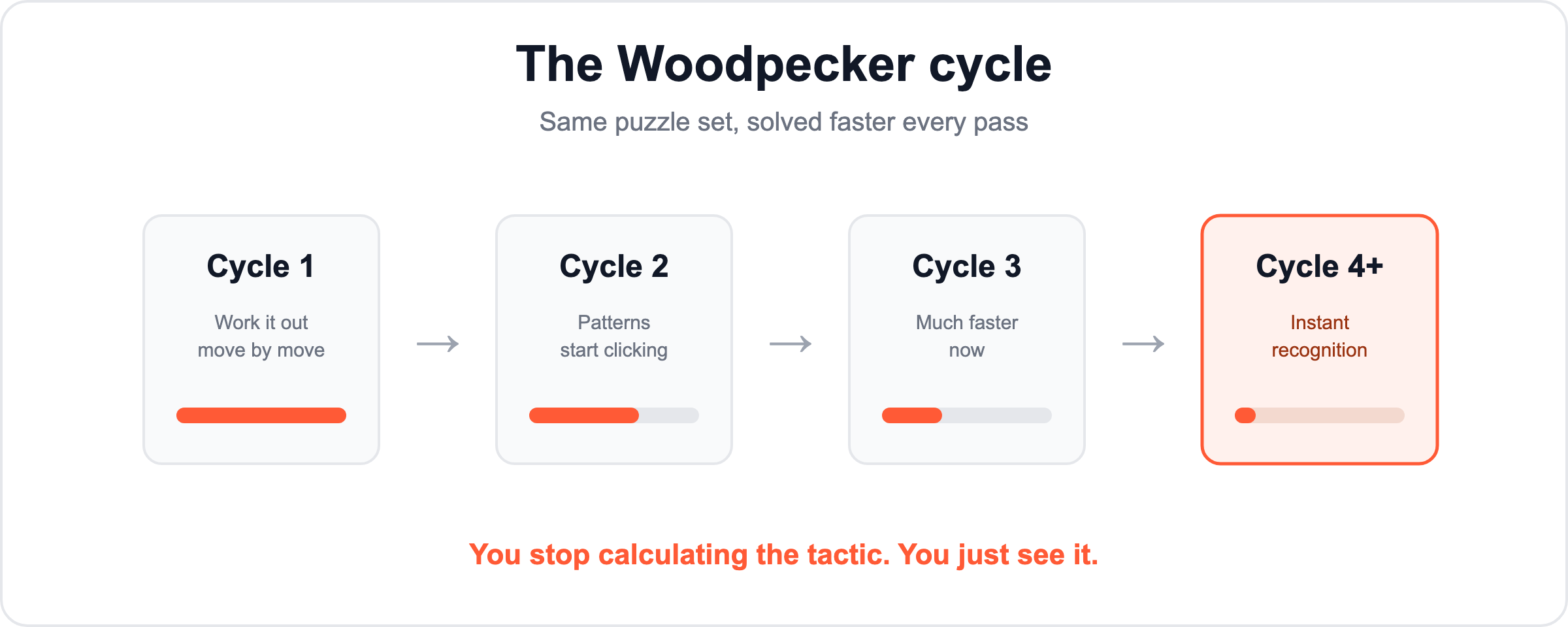 Diagram of the Woodpecker Method training cycle: the same puzzle set solved repeatedly, faster on each pass, until recognition becomes automatic